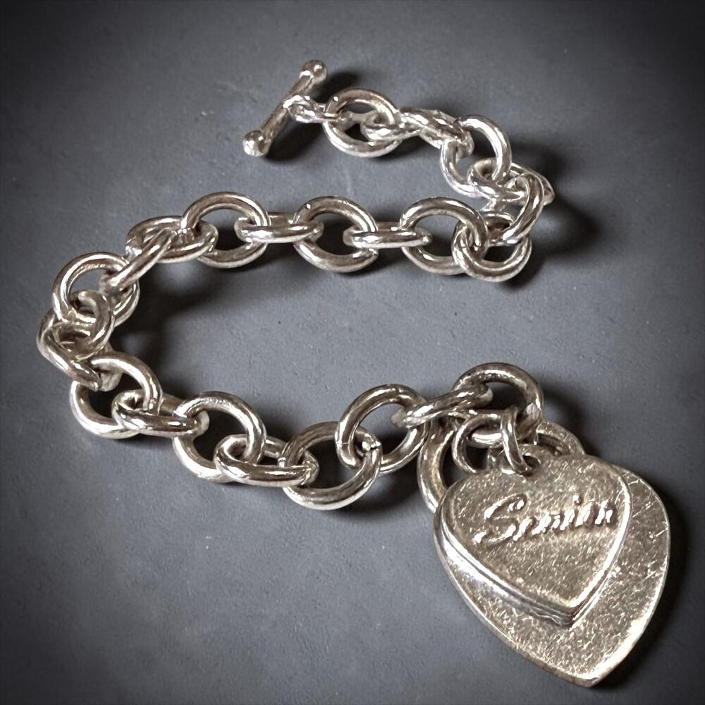 Silver Tone Charm Bracelet w/ Heart Charms Women Girls Toggle Senior Engravable